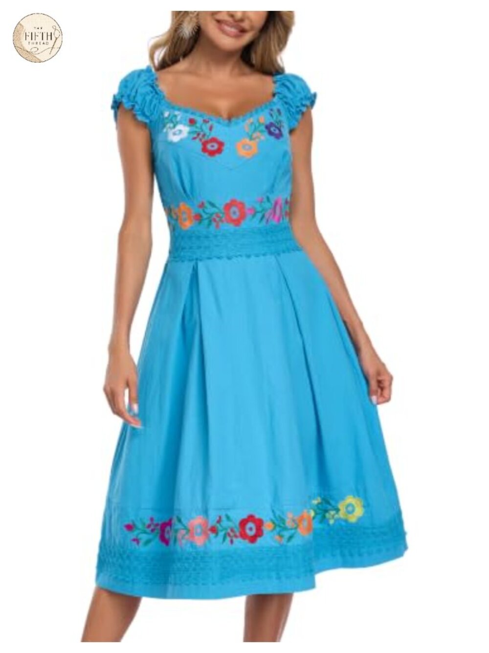 Mexican Embroidered Dress 100% Cotton A-Line Summer Casual